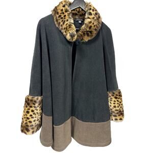 Parkhurst Cape Coat Desmona Black Leopard Faux Fur Trim OS Mob Wife Winter Chic